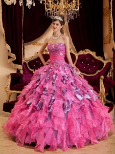 Discount Hot Pink Quinceanera Dress Sweetheart Beading Leopard and Organza Ball Gown