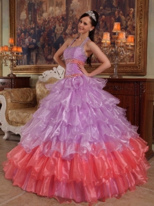 Discount Lavender Quinceanera Dress Halter Organza Beading Ball Gown