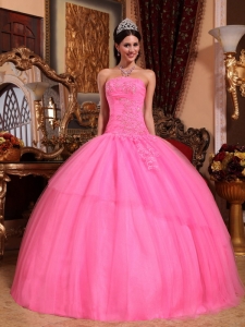 Discount Rose Pink Quinceanera Dress Strapless Tulle Appliques with Beading Ball Gown