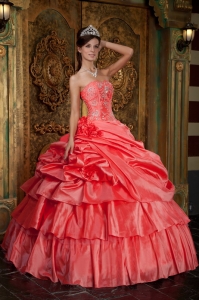 Discount Watermelon Quinceanera Dress Strapless Taffeta Beading Ball Gown