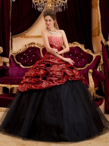 Exquisite Red and Black Quinceanera Dress Strapless Zebra and Tulle Hand Made Flowers Ball Gown