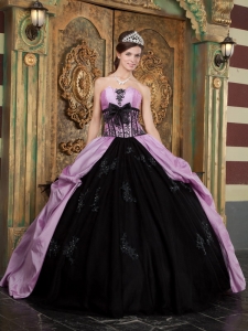 Lovely Lavender and Black Quinceanera Dress Strapless Taffeta Appliques Ball Gown