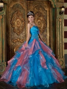Remarkable Sky Blue and Watermelon Quinceanera Dress Strapless Organza Beading and Ruffles Ball Gown