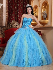 Romantic Aqua Blue Quinceanera Dress Sweetheart Tulle Beading Ball Gown