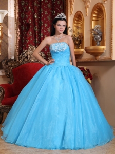 Romantic Baby Blue Quinceanera Dress Strapless Organza Appliques Ball Gown
