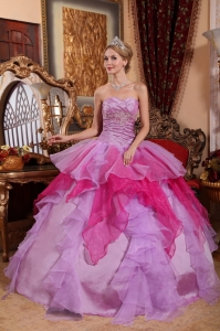 Affordable Lavender and Hot Pink Quinceanera Dress Sweetheart Organza Beading Ball Gown