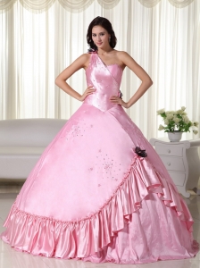 Baby Pink Ball Gown One Shoulder Floor-length Taffeta Beading Quinceanera Dress