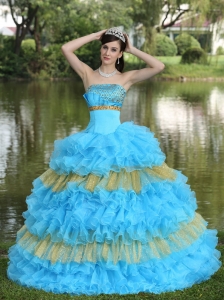 Beaded Decorate Bust Sequins Organza Aqua Blue and Yellow Strapless Floor-length Tiered Sweet Quinceanera Dress For 2013