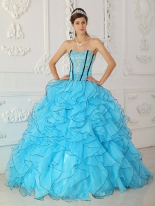 Beautiful Baby Blue Quinceanera Dress Strapless Organza Appliques Ball Gown