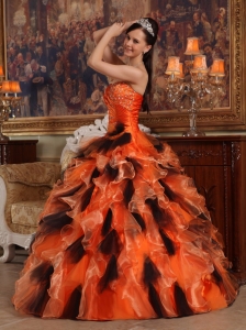 Beautiful Orange and Black Quinceanera Dress Strapless Organza Ball Gown
