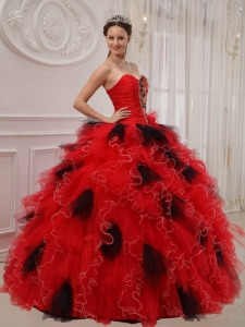 Beautiful Red and Black Quinceanera Dress Sweetheart Orangza Beading and Ruch Ball Gown