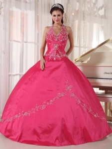 Brand New Coral Red Quinceanera Dress Halter Taffeta Appliques Ball Gown