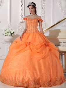 Chic Orange Quinceanera Dress Off The Shoulder Taffeta and Organza Appliques and Hand Made Flowers Ball Gown