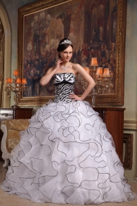 Cute White Quinceanera Dress Strapless Ruffles Organza and Zebra Ball Gown