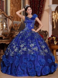 Exquisite Blue Quinceanera Dress V-neck Satin Beading and Appliques Ball Gown