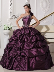 Fashionable Dark Purple Quinceanera Dress One Shoulder Taffeta Appliques and Pick-ups Ball Gown