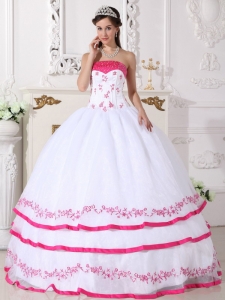 Impression White and Hot Pink Quinceanera Dress Strapless Organza Beading and Embroidery Ball Gown
