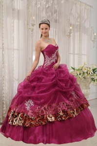 Popular Burgundy Quinceanera Dress Sweetheart Organza and Leopard Appliques Ball Gown