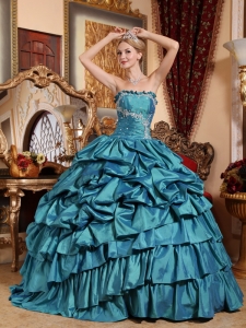 Popular Teal Quinceanera Dress Strapless Taffeta Appliques and Pick-ups Ball Gown