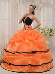 Pretty Orange and Black Quinceanera Dress Strapless Satin and Organza Beading Ball Gown