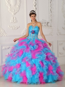 Sweet Multi-color Quinceanera Dress Strapless Organza Appliques and Hand Flower Ball Gown