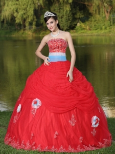 Tulle Strapless Red Quinceanera Dress For Girl With Flower Beaded Decorate
