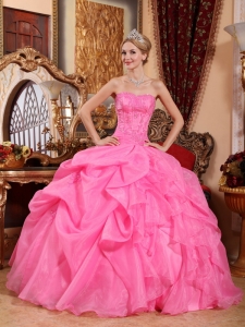 Wonderful Rose Pink Quinceanera Dress Strapless Organza Appliques Ball Gown