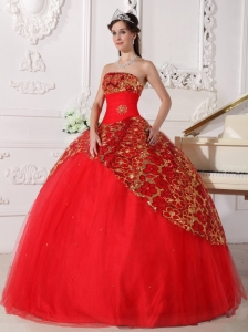 Beautiful Red Quinceanera Dress Strapless Tulle Beading and Ruch Ball Gown