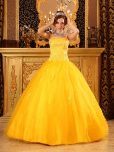 Cheap Yellow Quinceanera Dress Spaghetti Straps Beading Satin and Tulle Ball Gown