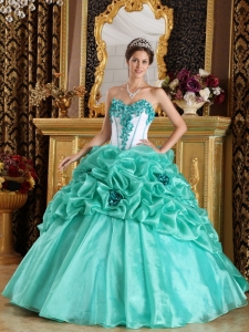 Discount Turquoise Quinceanera Dress Sweetheart Organza Hand Made Flowers Ball Gown