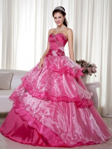 Hot Pink Ball Gown Sweetheart Floor-length Taffeta and Organza Beading and Hand Made Flower Quinceanera