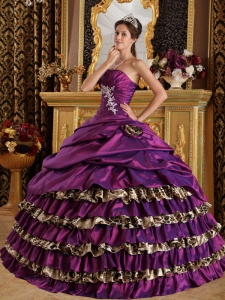 Popular Purple Quinceanera Dress One Shoulder Taffeta and Leopard Appliques Ball Gown