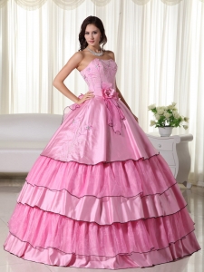 Rose Pink Ball Gown Strapless Floor-length Taffeta Beading Quinceanera Dress