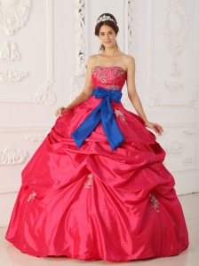 Simple Coral Red Quinceanera Dress Strapless Taffeta Beading and Sash Ball Gown