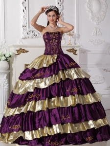 Sweet Purple and Gold Quinceanera Dress Strapless Floor-length Taffeta Embroidery Ball Gown