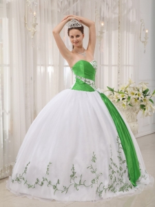 White and Spring Green Ball Gown Sweetheart Floor-length Organza Embroidery Quinceanera Dress