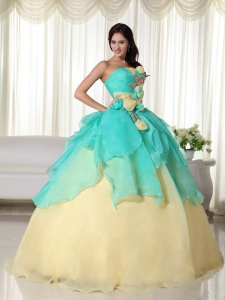 Apple Green and Yellow Ball Gown Strapless Floor-length Organza Beading Quinceanera Dress
