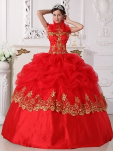 Affordable Red and Gold Quinceanera Dress Halter Taffeta Beading and Appliques Ball Gown
