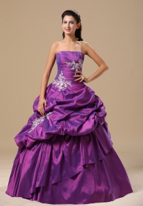 Ann Arbor Appliques Decorate Bodice Strapless Pick-ups Purple Floor-length Military Ball Gowns