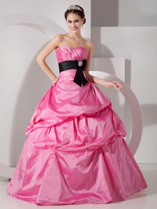 Custom Made Rose Pink Ball Gown Sweetheart Quinceanea Dress Taffeta Sash Floor-length