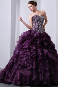 Dark Purple A-Line / Princess Sweetheart Beading and Ruffles Quinceanera Dress Brush Train Organza