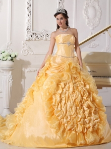 Exquisite Gold Quinceanera Dress Strapless Chapel Train Taffeta Beading Ball Gown