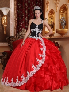 Gorgeous Red and Black Quinceanera Dress V-neck Floor-length Taffeta and Organza Appliques Ball Gown