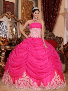 Lovely Hot Pink Quinceanera Dress Strapless Organza Beading Ball Gown