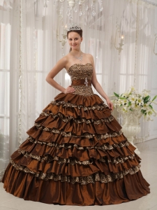 Modest Brown Quinceanera Dress Sweetheart Taffeta and Leopard Ruffles Ball Gown