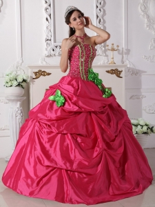 Modest Hot Pink Quinceanera Dress StraplessTaffeta Beading and Hand Made Flowers Ball Gown
