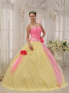 Modest Pink and Yellow Quinceanera Dress Strapless Taffeta and Tulle Hand Made Flowers Ball Gown