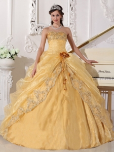 Popular Gold Quinceanera Dress Strapless Organza Embroidery with Beading Ball Gown