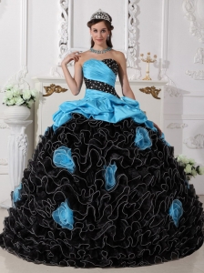 Populor Blue and Black Quinceanera Dress Sweetheart Organza Beading and Rolling Flowers Ball Gown