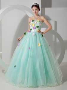 Sweet Apple Green A-line Strapless Quinceanera Dress Organza Hand Made Flowers Floor-length
